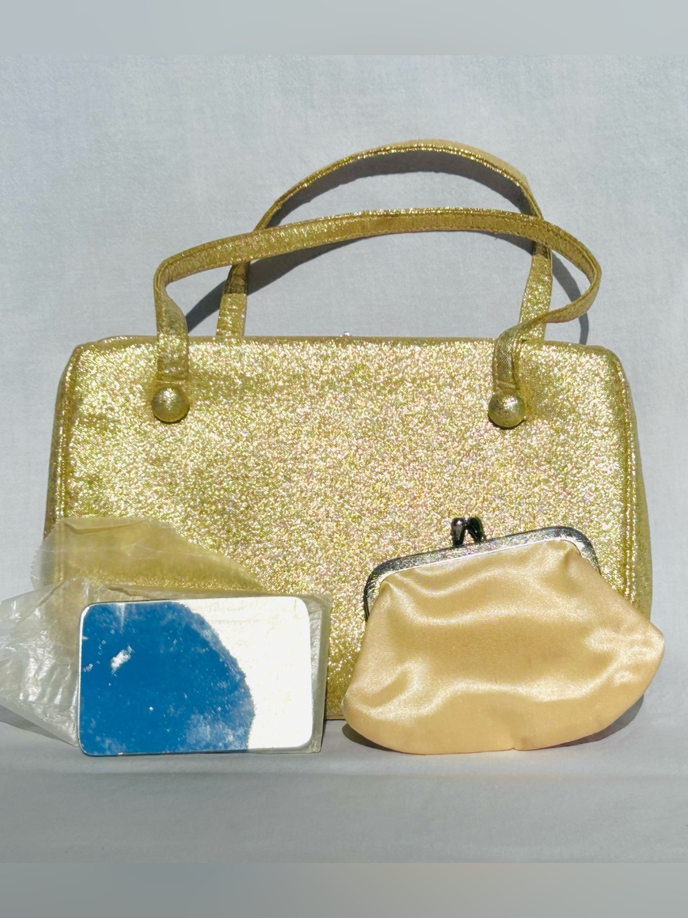 Vintage Birks Gold Small Purse Lame Mirror & Coin Purse Rhinestone Clasp